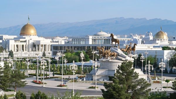 Grand government building in Turkmenistan adorned with white marble